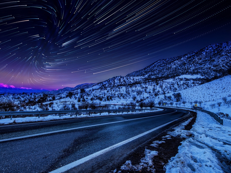 дорога, ночь, звёзды, зима