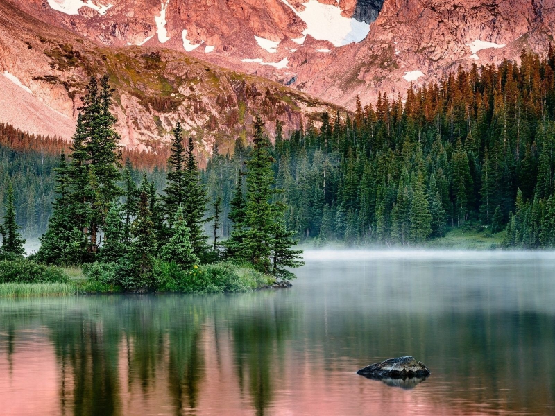 озеро, гора, лес, туман