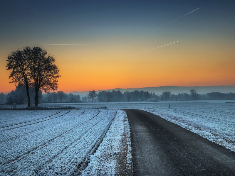 поле, дорога, зима, закат