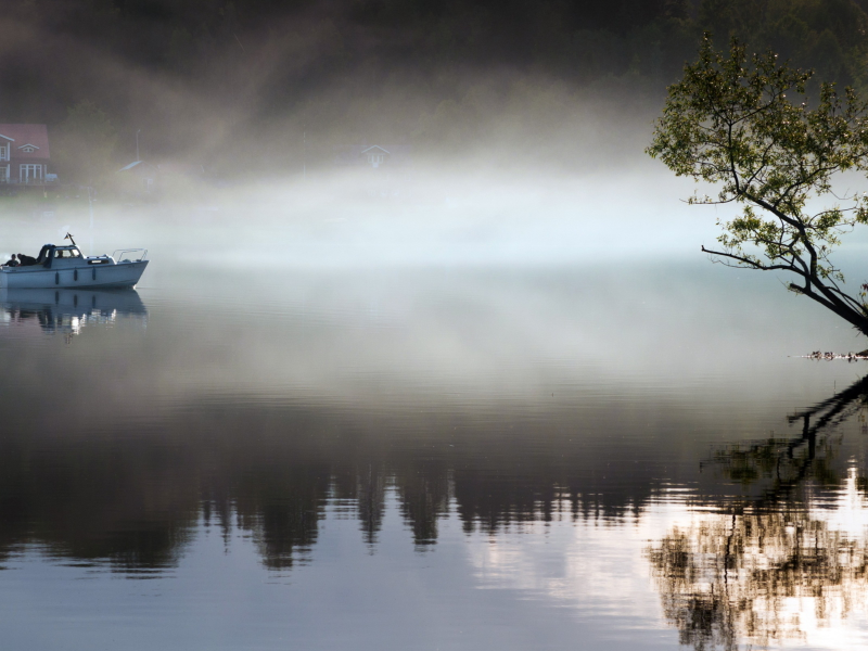 озеро, лодка, туман
