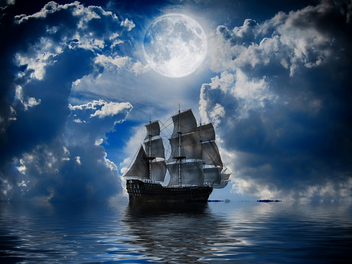 корабль, парусник, ночь, луна, море, облака