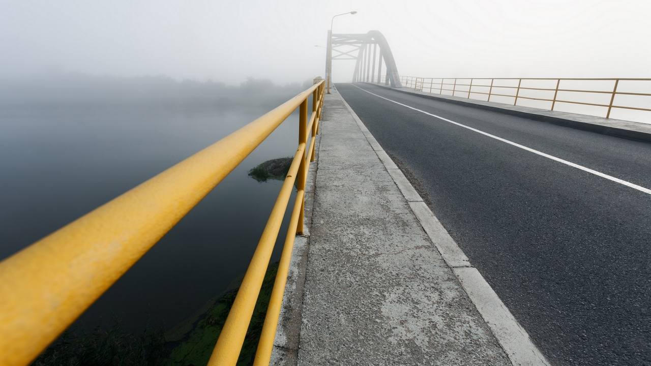 дорога, мост, туман
