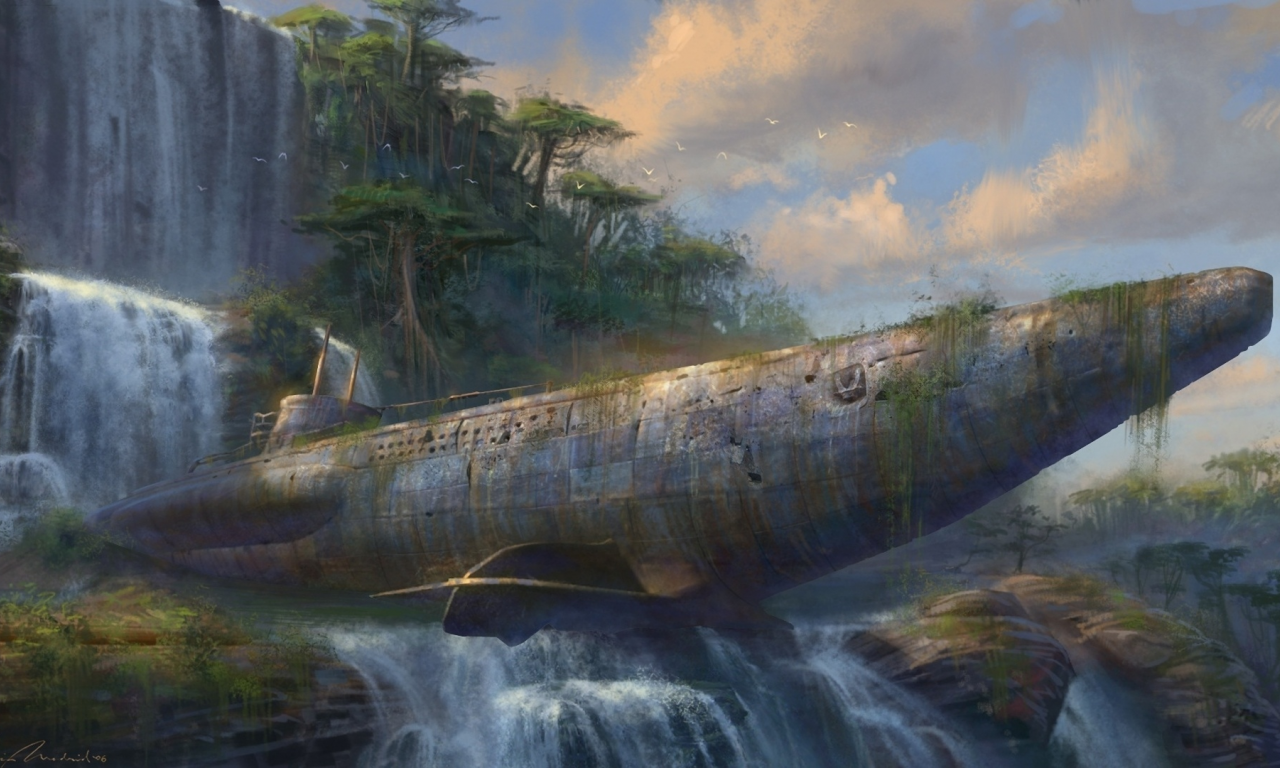 фантастика, джунгли, подводная лодка, водопад