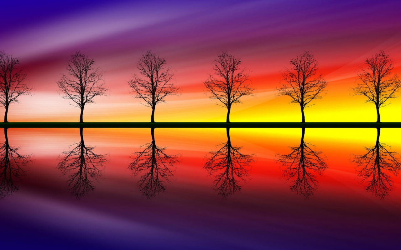 река, деревья, отражение