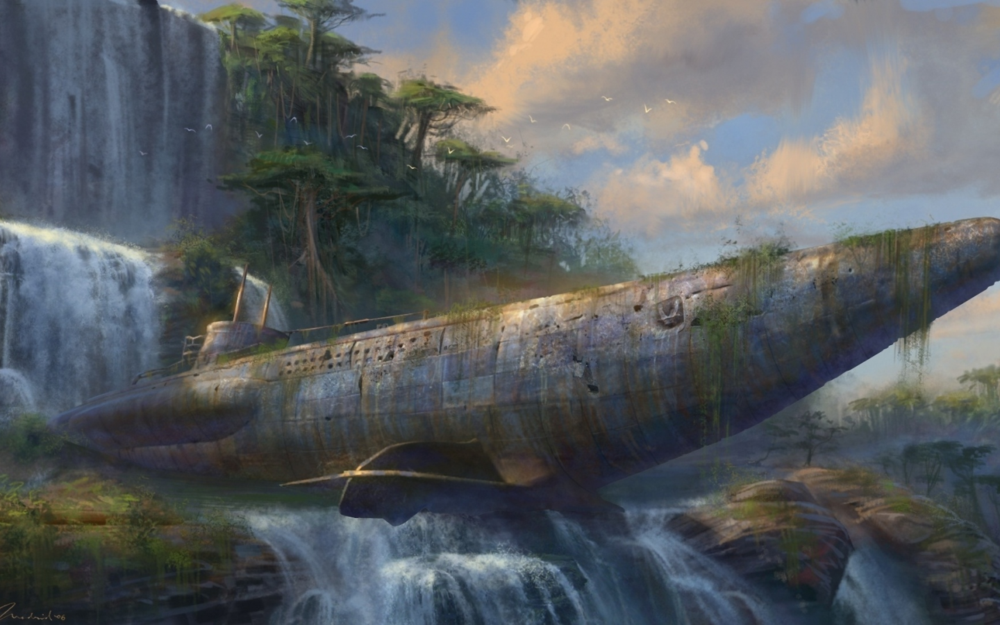 фантастика, джунгли, подводная лодка, водопад