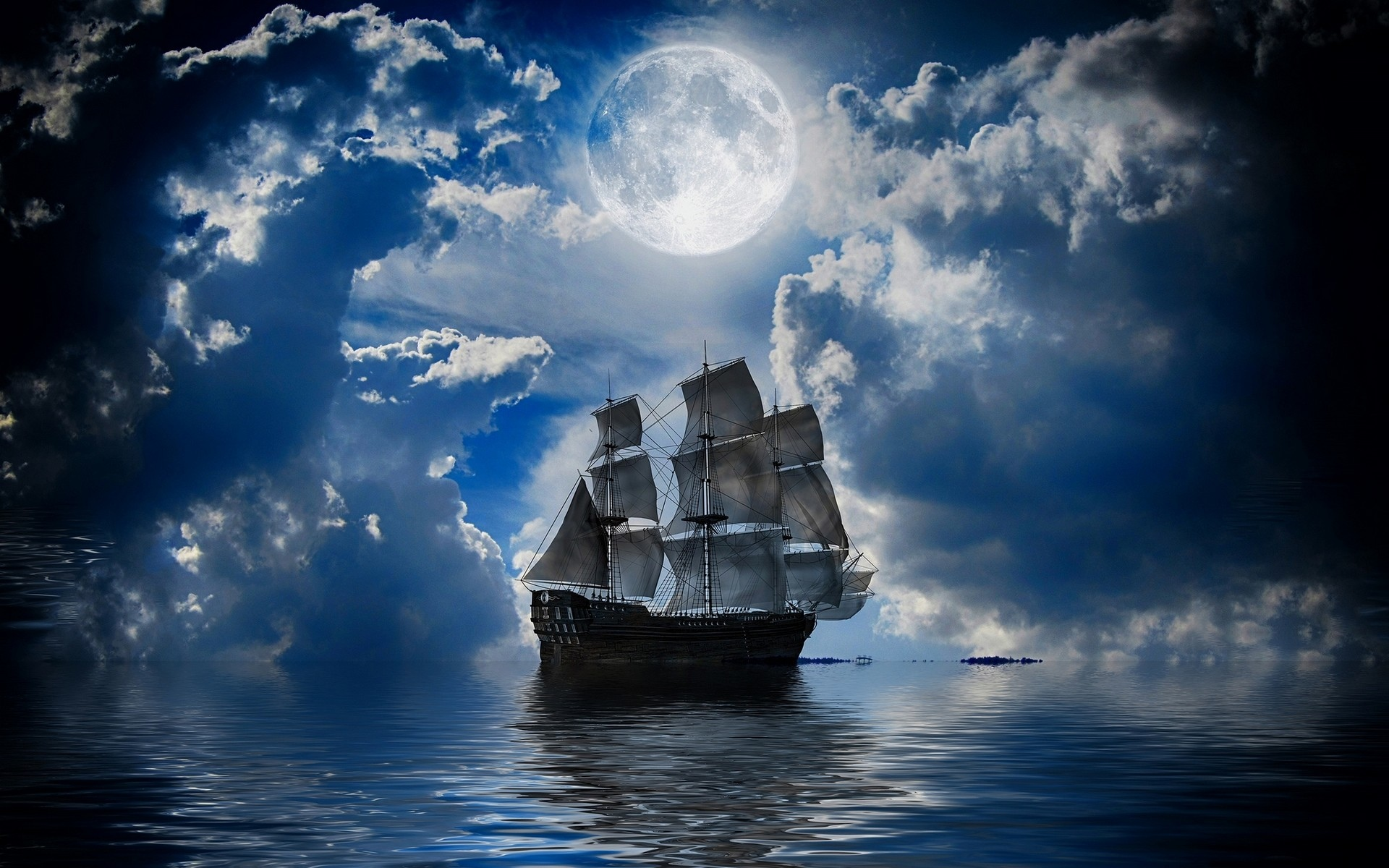 корабль, парусник, ночь, луна, море, облака