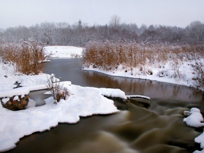 река, снег, зима