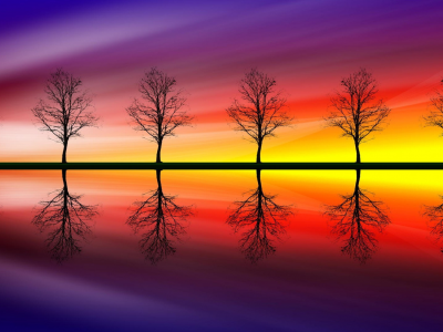 река, деревья, отражение