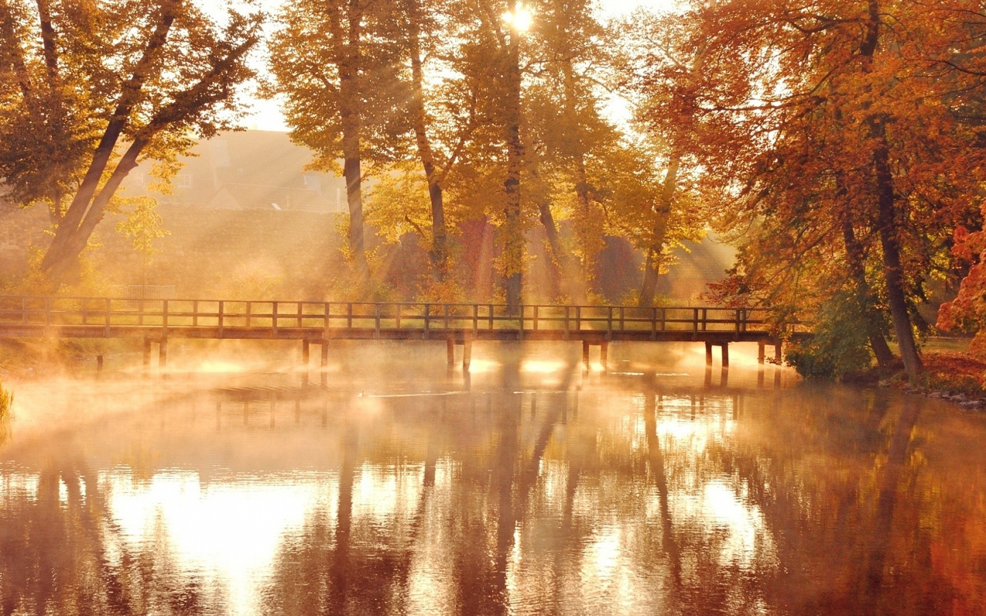 озеро, мост, деревья, осень