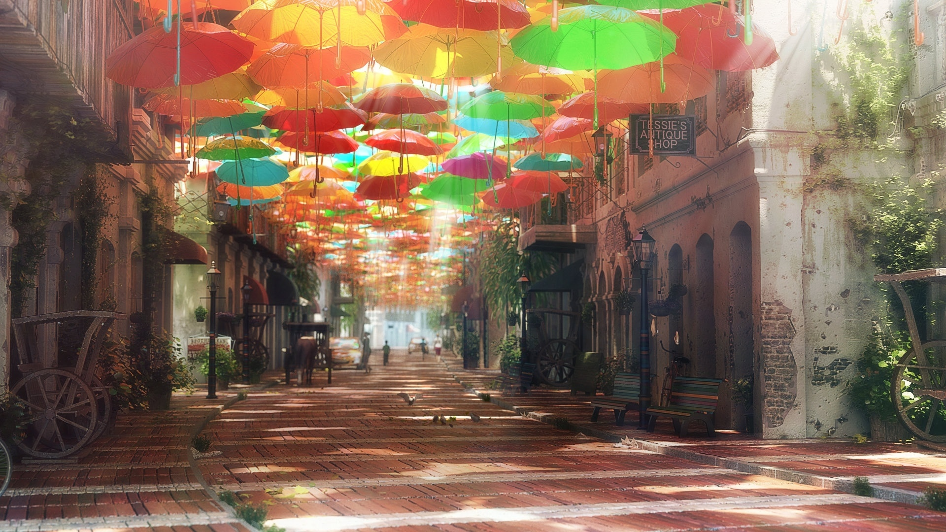 улица, зонтики