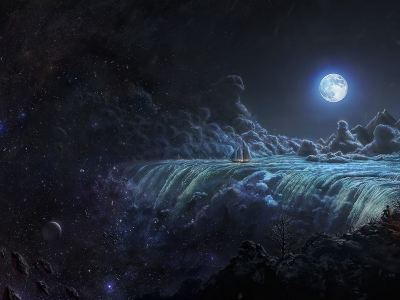 ночь, луна, водопад, корабль, звёзды