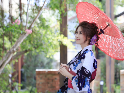 девушка, взгляд, красивая, зонт, кимоно