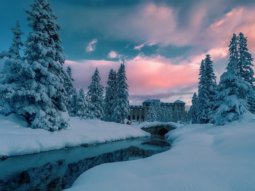 зима, снег, деревья, река