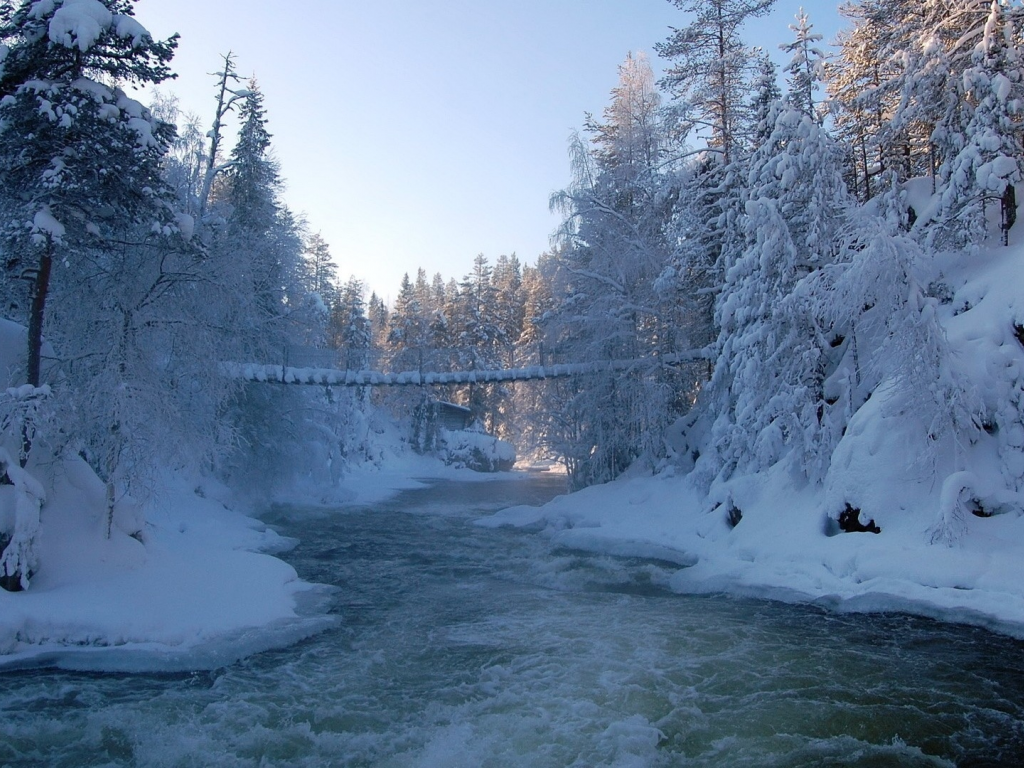река, мост, зима