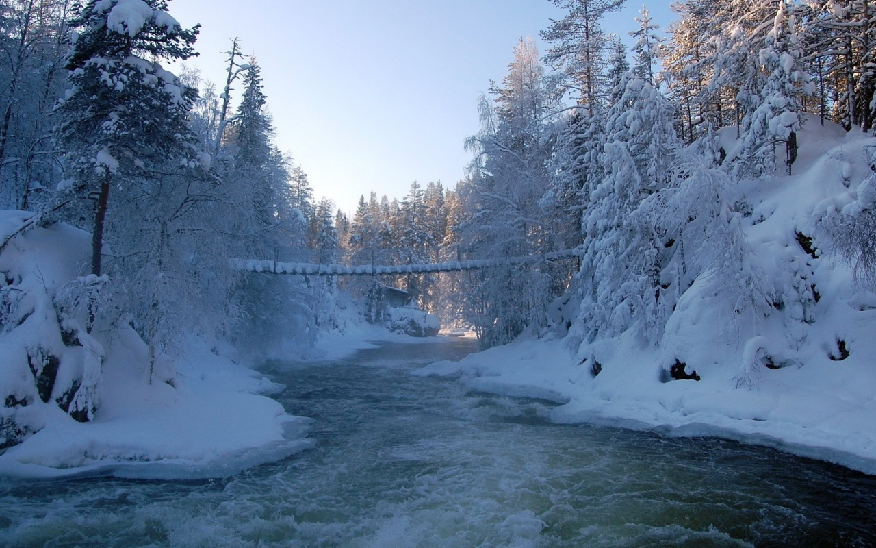 река, мост, зима