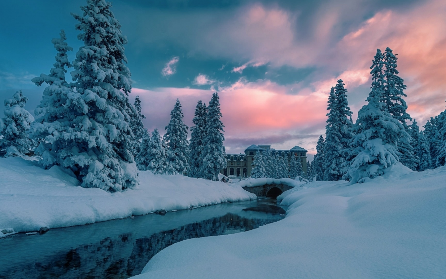 зима, снег, деревья, река