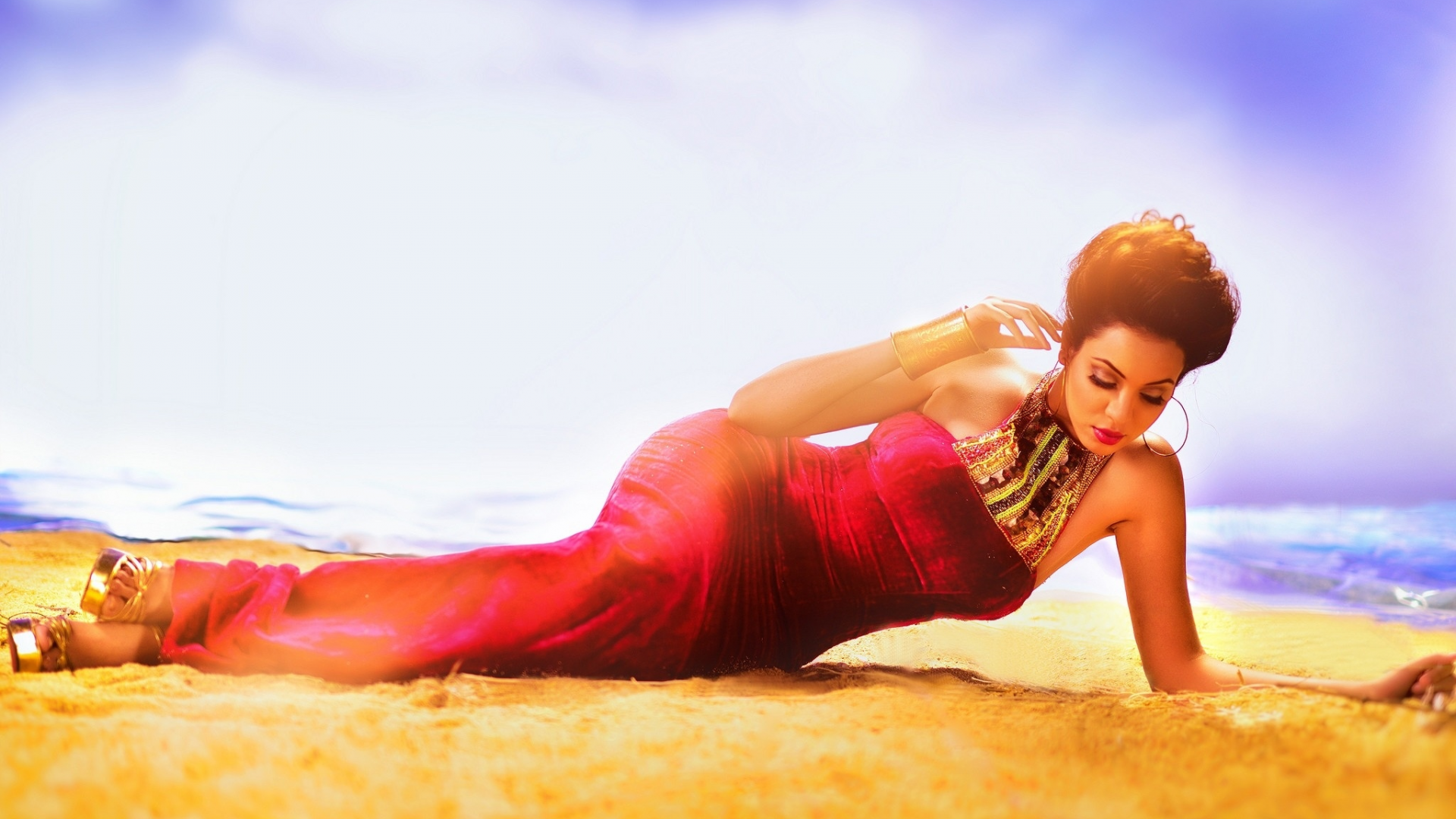 malvika rallan, песок, красное платье, девушка, модель
