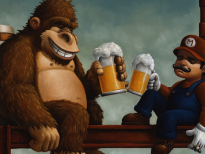 марио, обезьяна донки, пьют пиво
