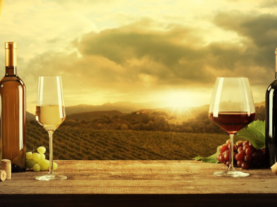 пейзаж, виноградник, бутылка, вино, бокал, виноград