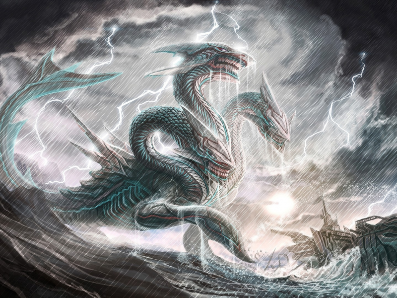 фэнтези, дракон, море, шторм