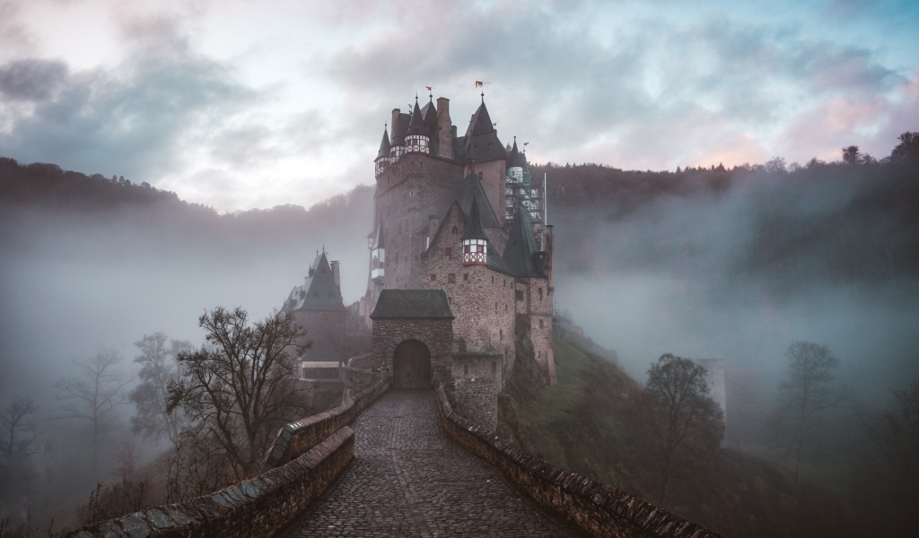 пейзаж, горы, туман, облака, замок, германия