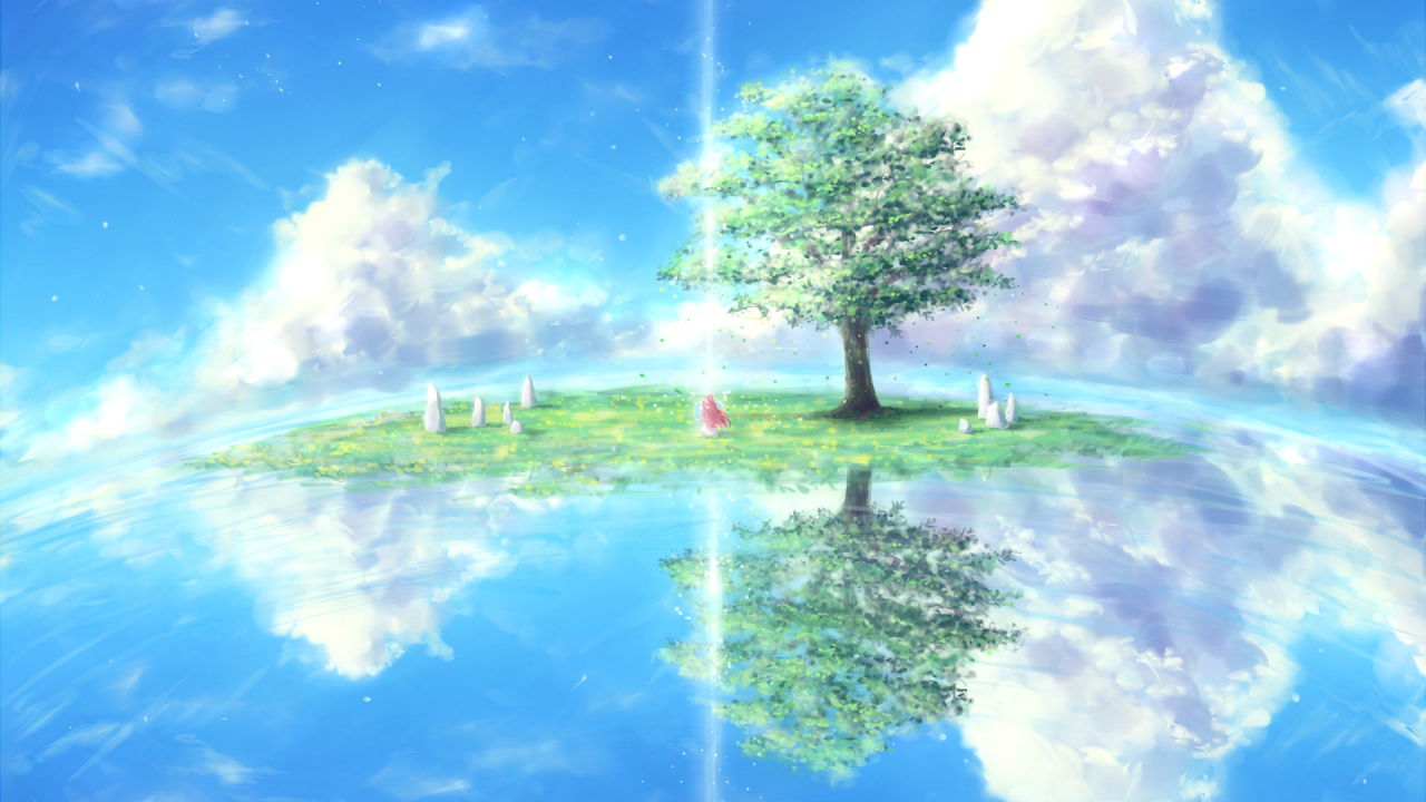 пейзаж, остров, дерево, облака, отражение