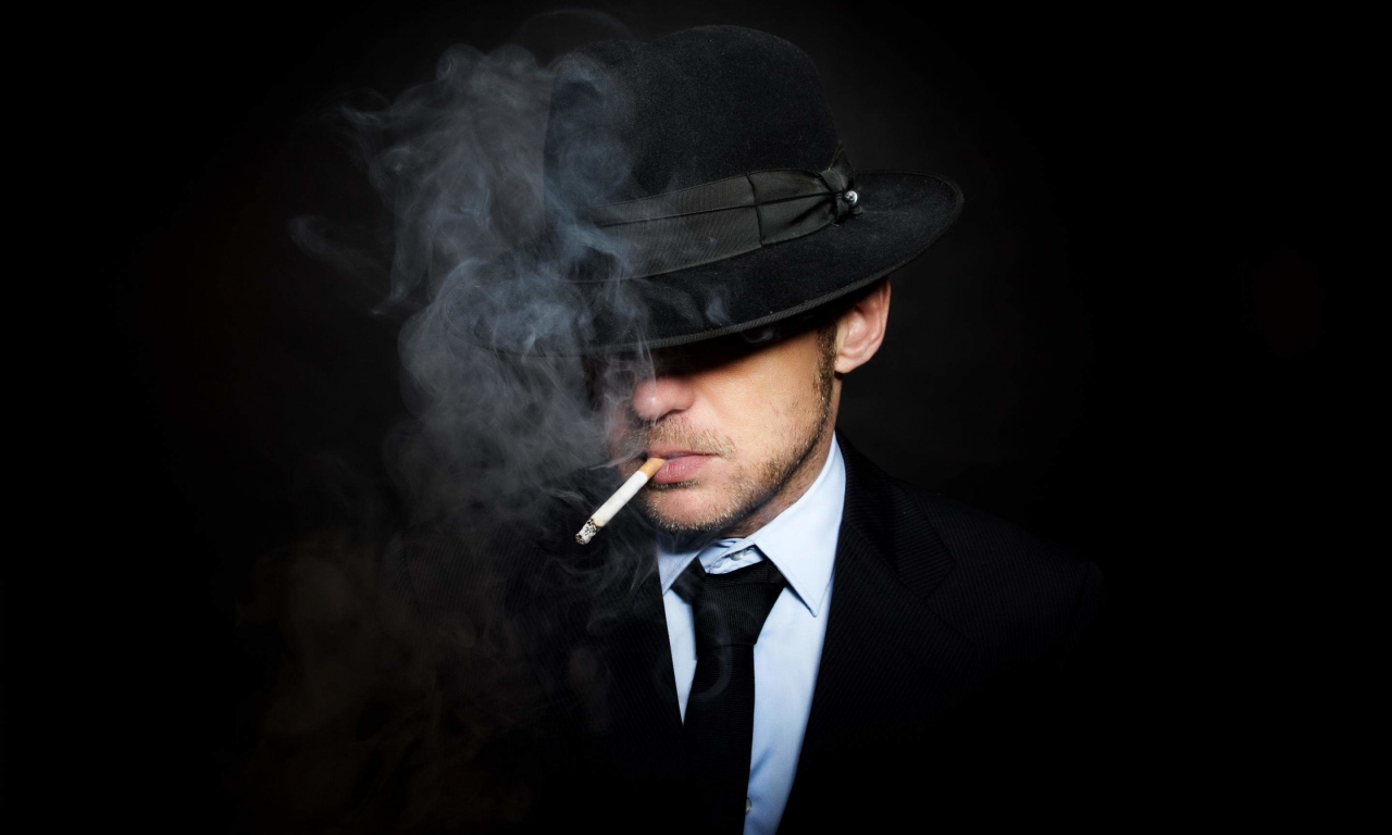 мужик, шляпа, сигарета, дым, костюм
