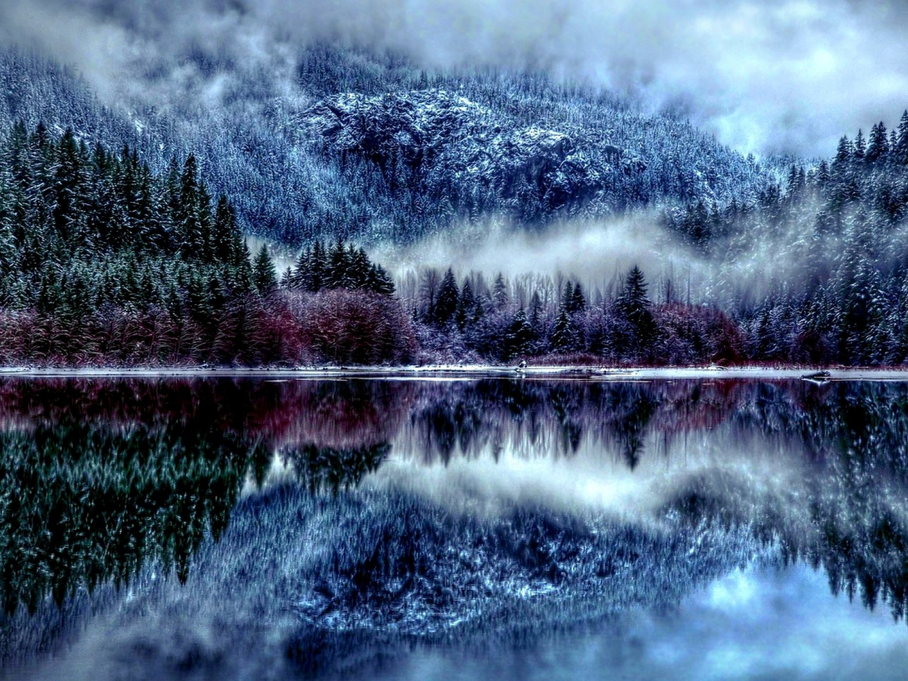 озеро, лес, горы, туман