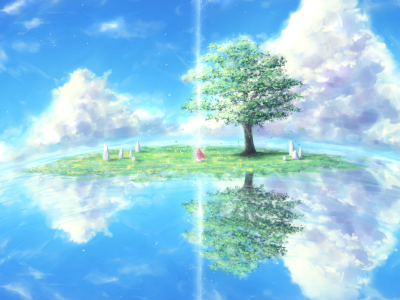 пейзаж, остров, дерево, облака, отражение