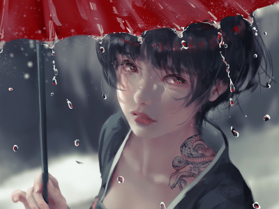 аниме, девушка, брюнетка, зонтик, дождь