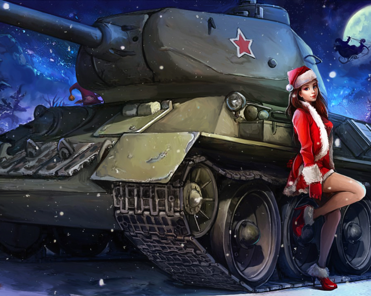 девушка, снегурочка, новый год, танк