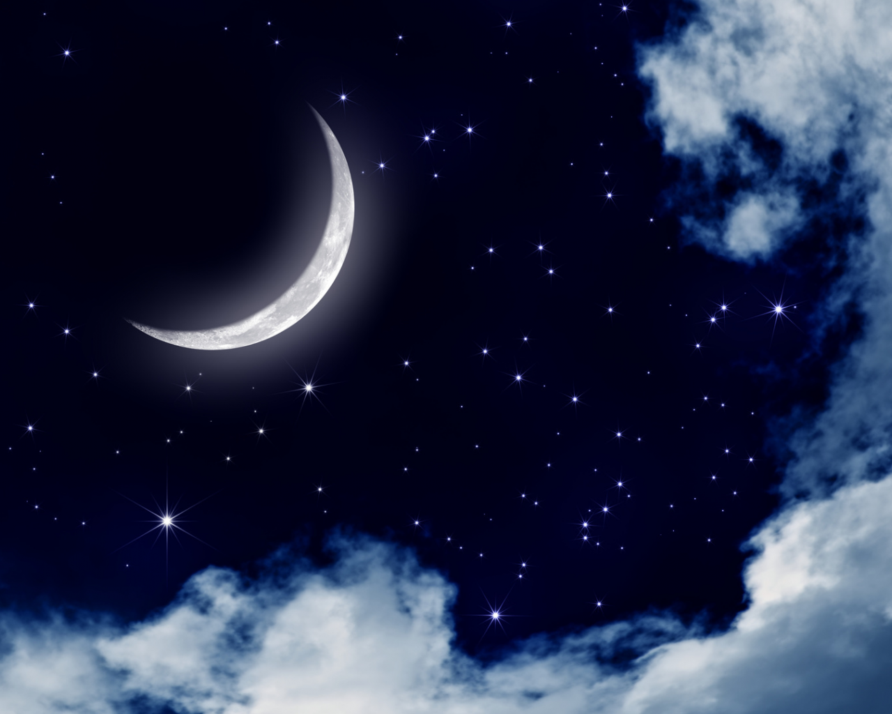 ночь, звёзды, облака, месяц, луна