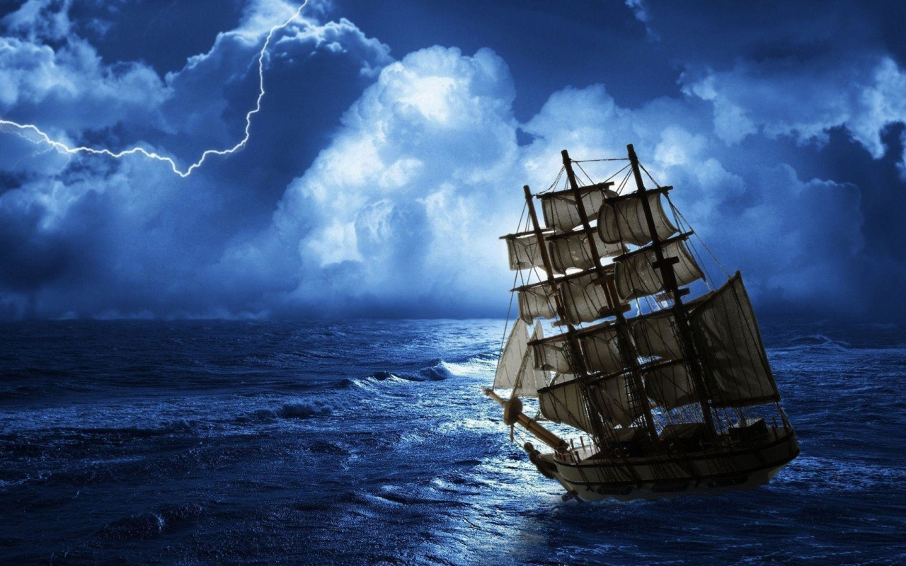 ночь, море, корабль, парусник, молния