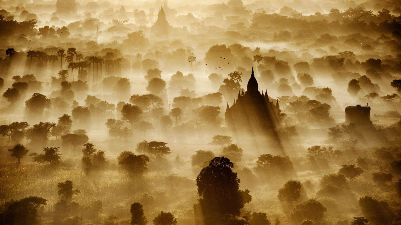 пейзаж, мьянма, дымка, туман