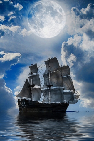 море, корабль, парусник, луна
