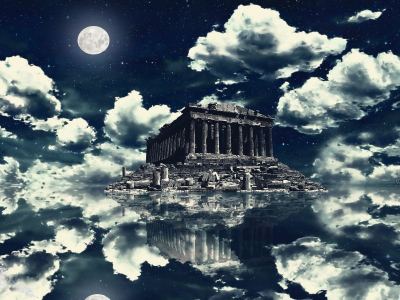 греция, афины, акрополь, ночь, луна