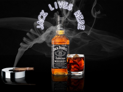 алкоголь, виски, jack daniels, бутылка, сигара, пепельница