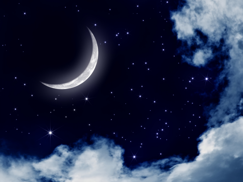 ночь, звёзды, облака, месяц, луна