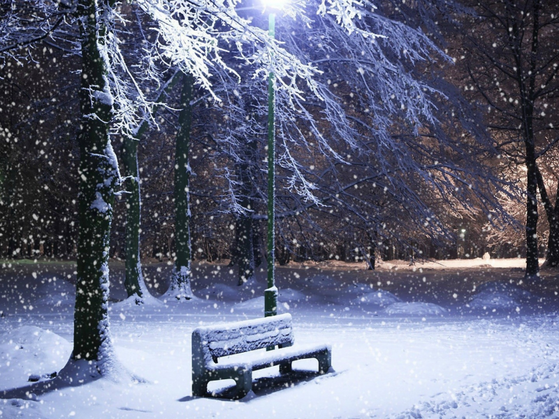 парк, ночь, зима, снег, скамейка