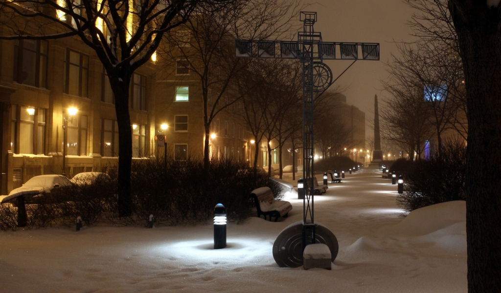 город, ночь, фонари, зима