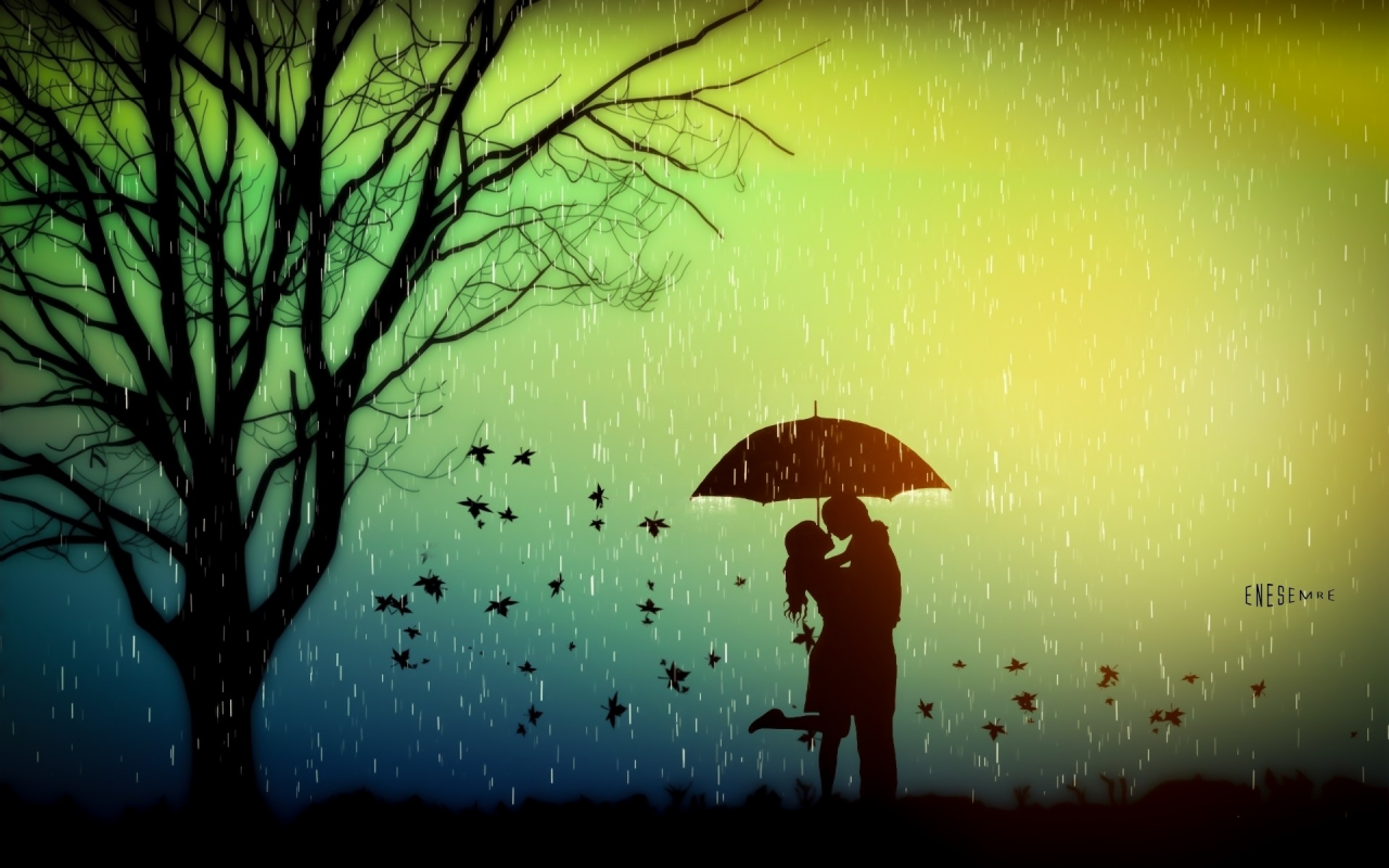 осень, двое под зонтом, влюблённые