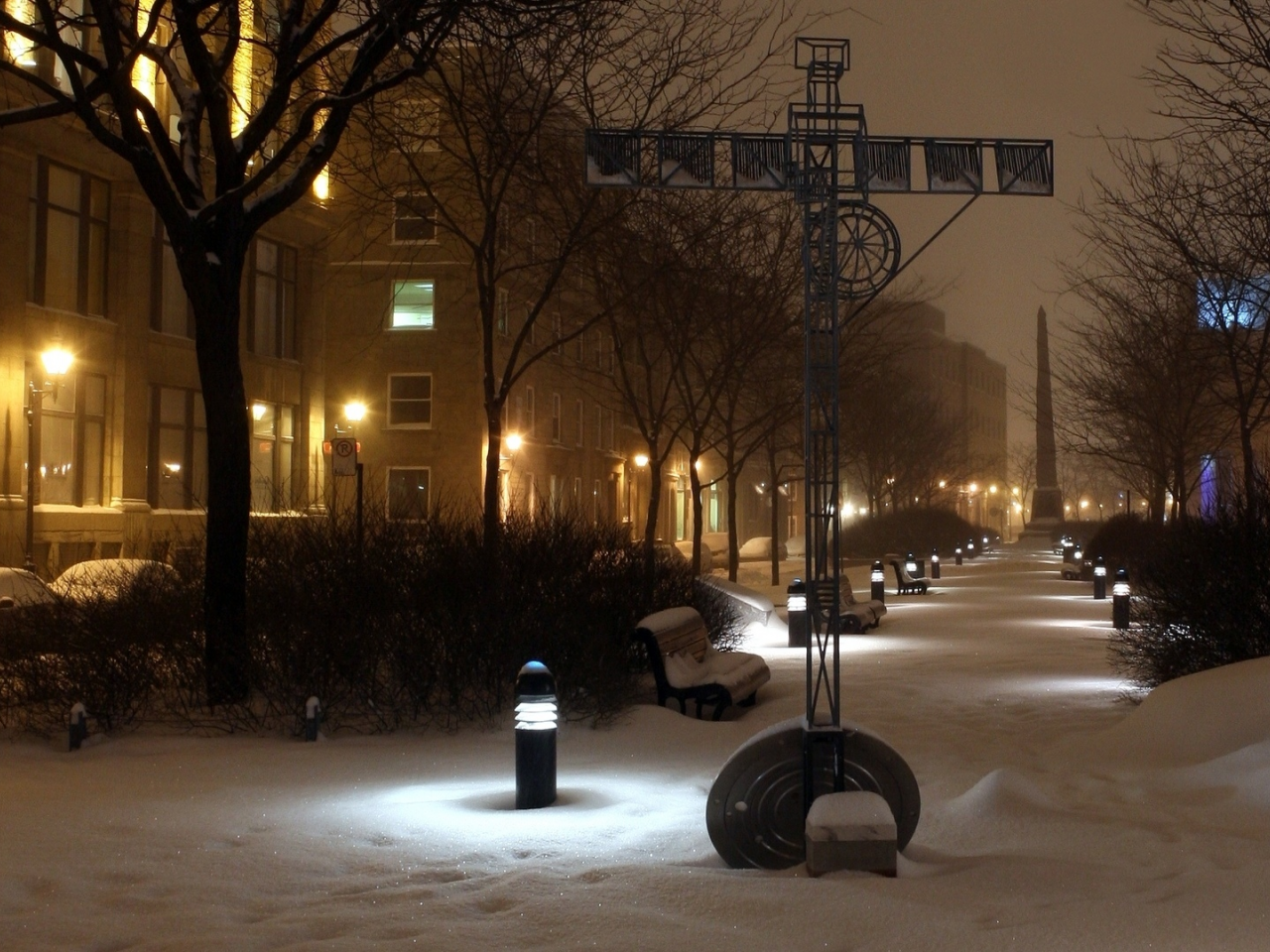 город, ночь, фонари, зима