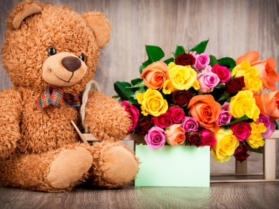 цветы, букет, плюшевый медведь