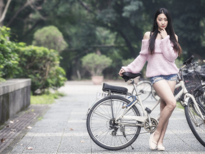девушка, милая, симпатичная, шорты, азиатка, велосипед