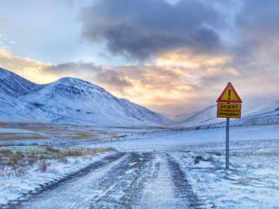 зима, снег, дорога, дорожный знак