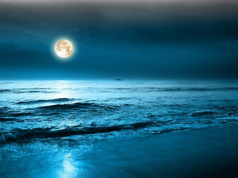 океан, ночь, луна