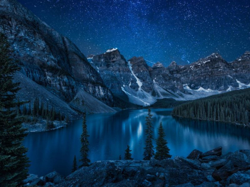 пейзаж, горы, озеро, ночь
