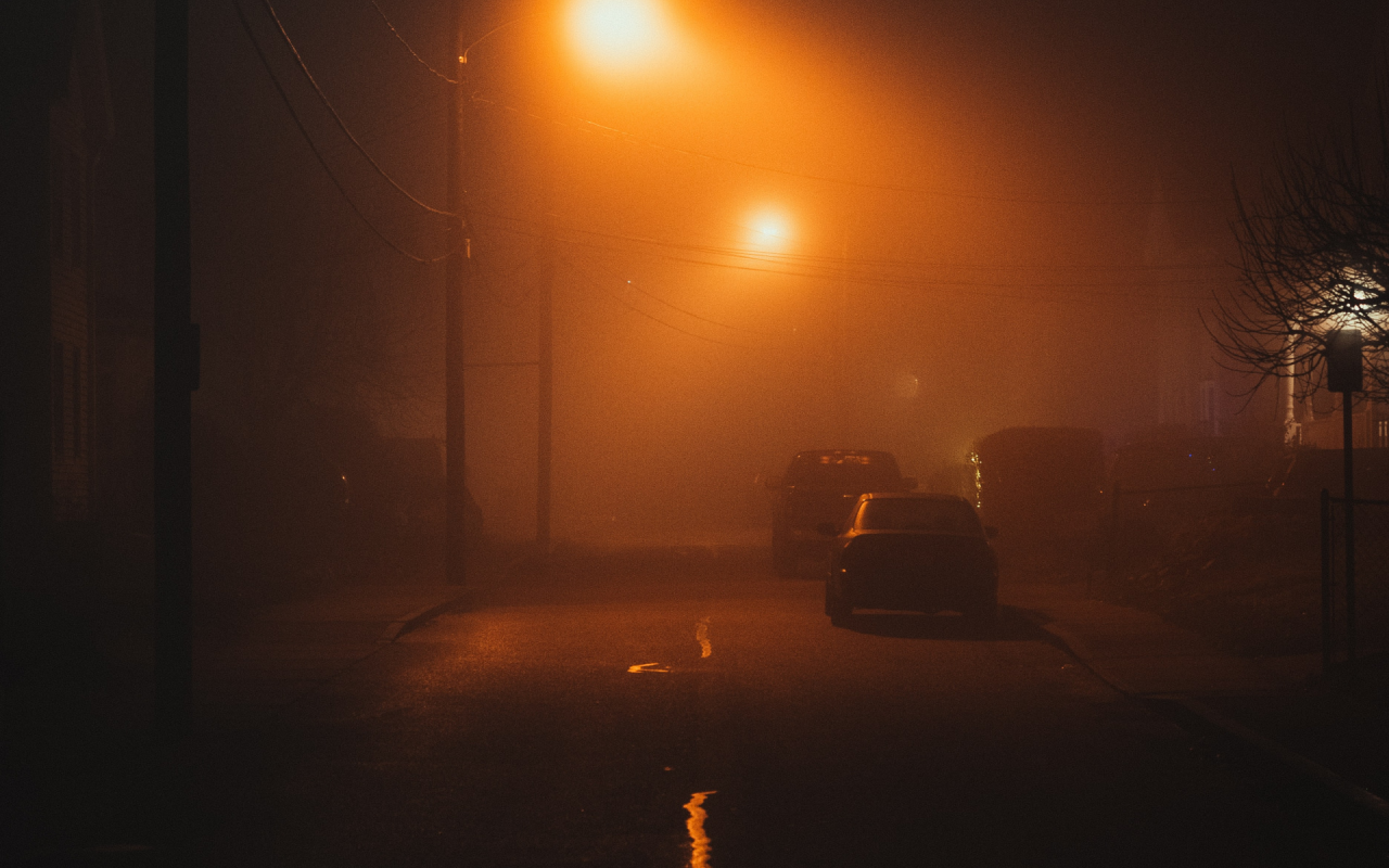 улица, ночь, фонари, туман