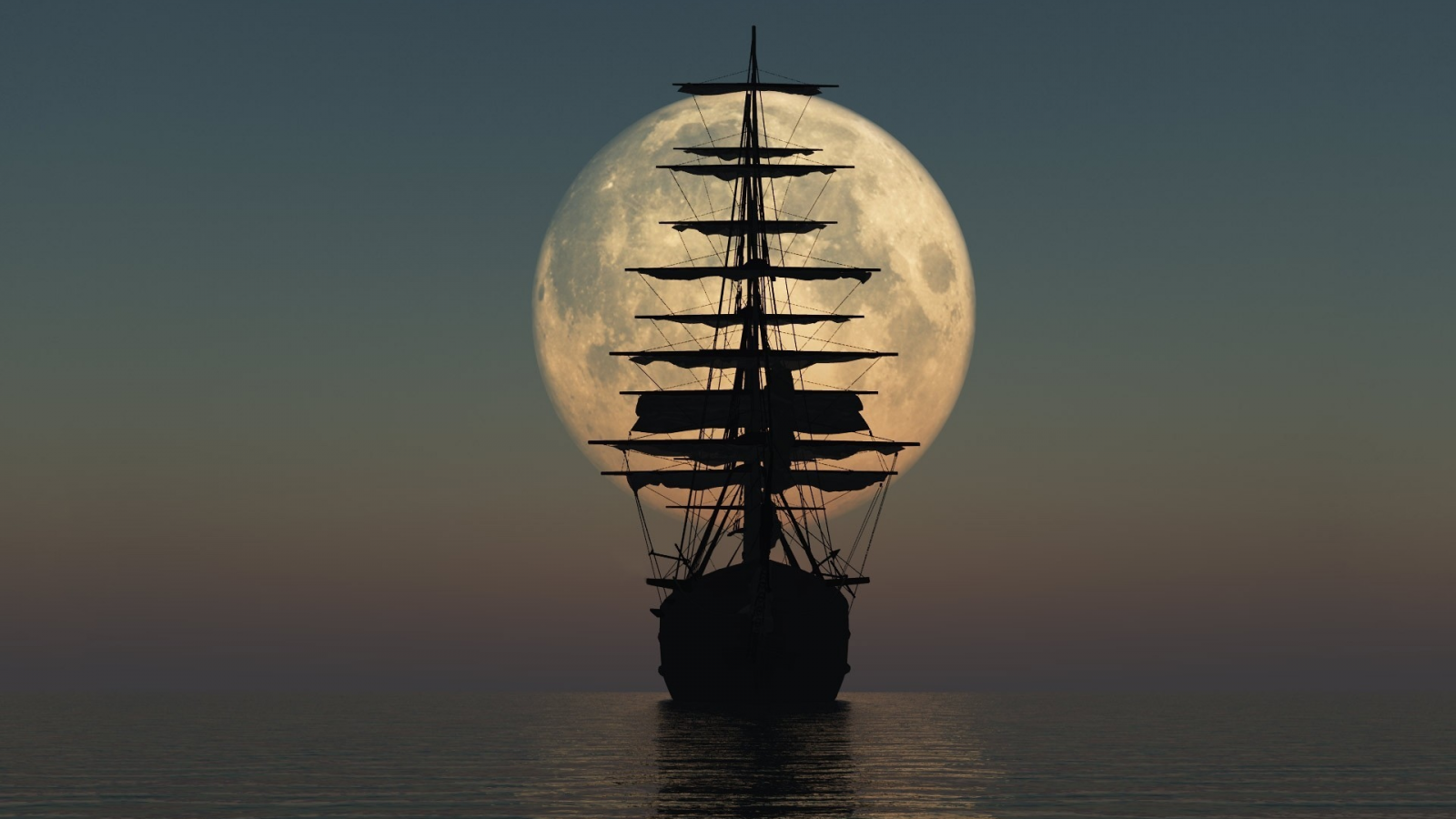 море, корабль, луна
