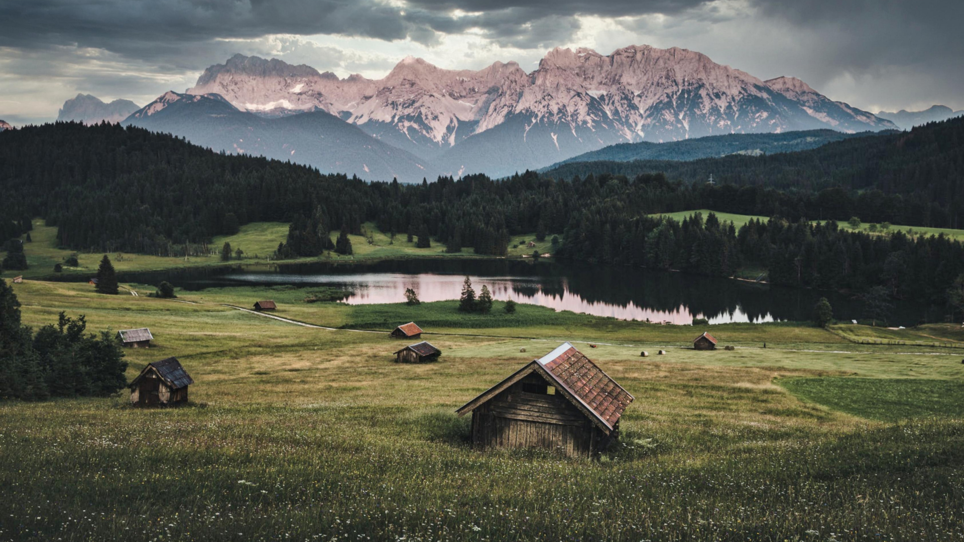 горы, лес, озеро, домики